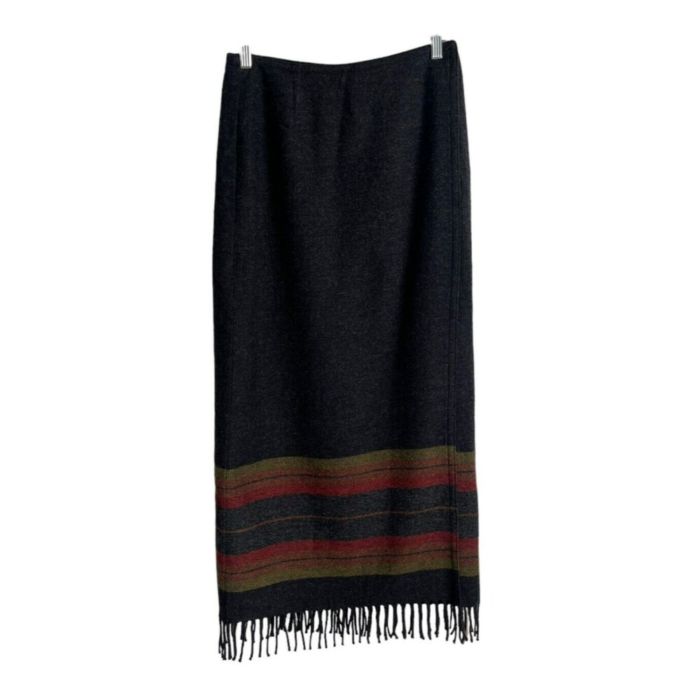 Jones New York Country Southwestern Midi Wrap Skirt Sz 6 Wool Blend Gray Fringe